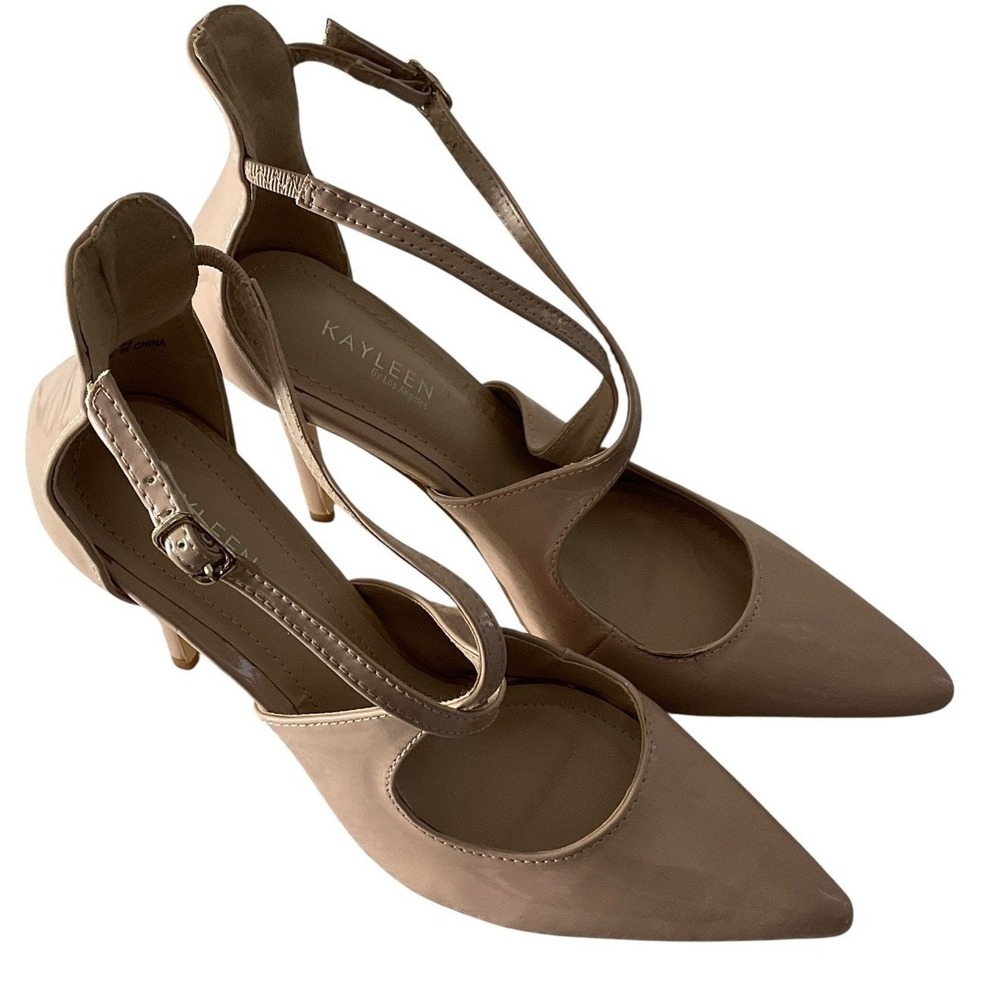 Kayleen‎ Prisca-1 Nude Patent Pointed Toe Criss Cross Ankle Strap Heels Size 8.5